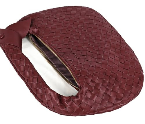 XINGFENGSU Knotted Woven Leather Handbags Tote with Detachable Bow For Women, Trendy Hobo Dumpling Purse Bag 2024.（Burgundy） | Amazon (US)