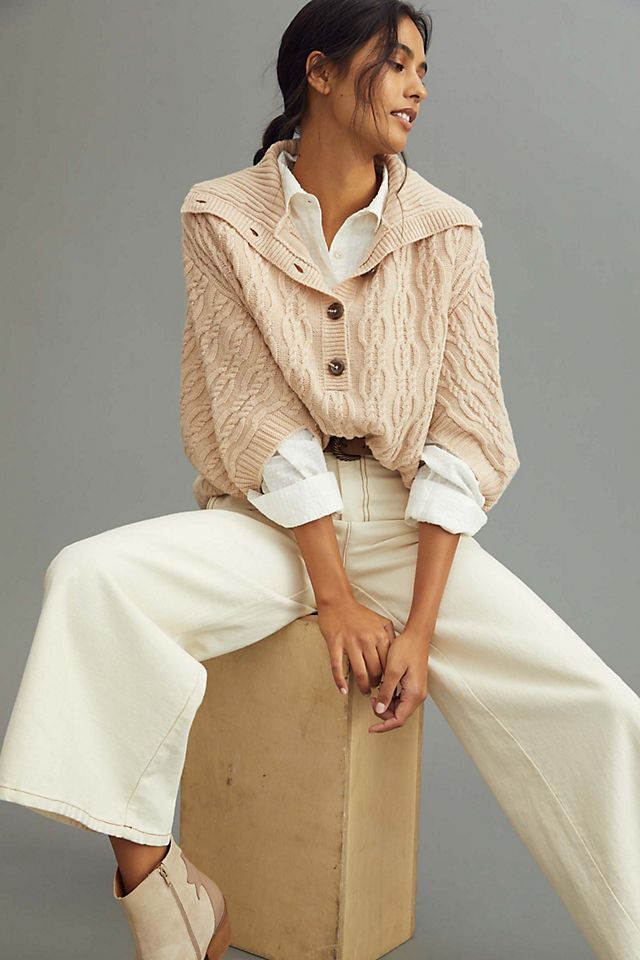 Cable-Knit Buttoned Poncho | Anthropologie (US)