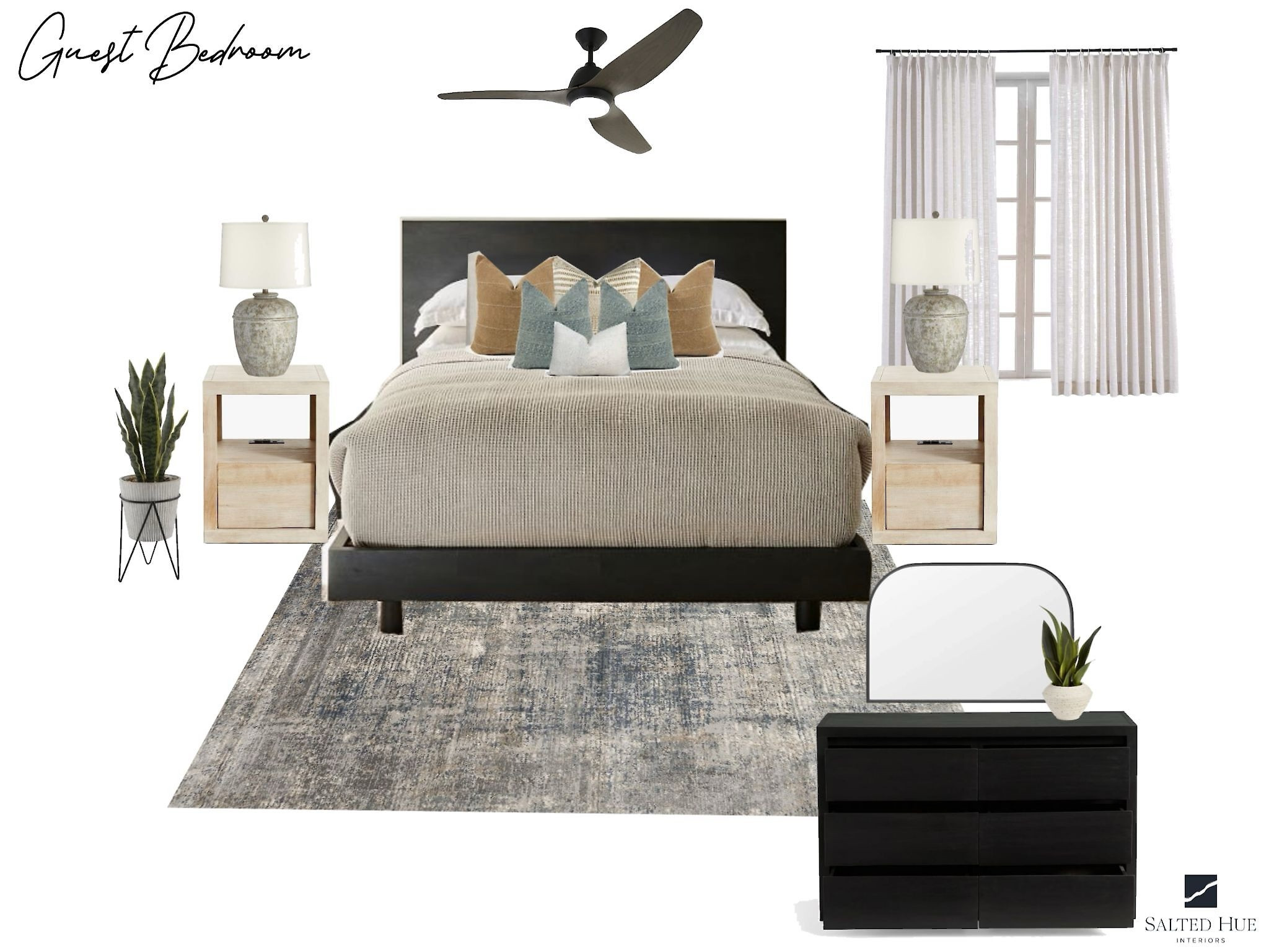 Bed frame, ceiling fan, curtains, bed side tables, lamp, dresser, mirror, and decor

#LTKstyletip #LTKbeauty #LTKhome