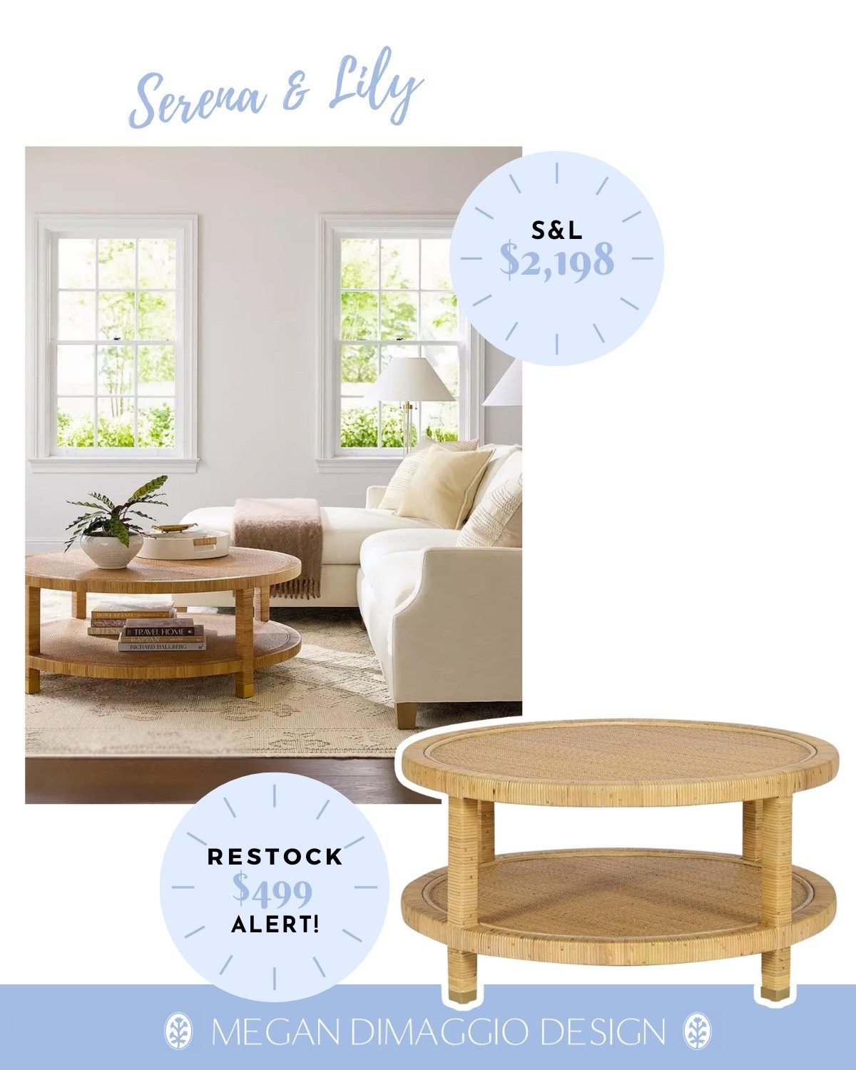 🚨restock alert!!🚨 snag this Serena & Lily look for less round balboa coffee table for under $500 🙌🏻 Smaller scale but just as beautiful with the brass feet! 🤩