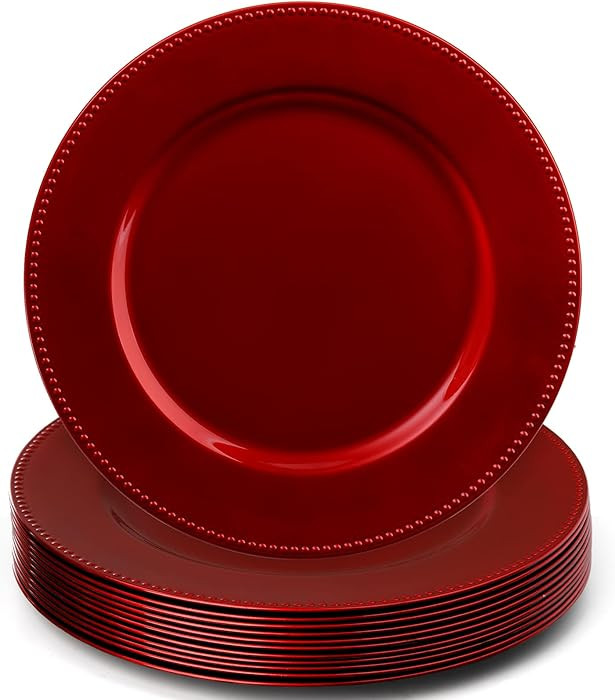 Okllen 12 Pack Plastic Round Charger Plates, 13" Red Beaded Charger Plates Decorative Dinner Char... | Amazon (US)