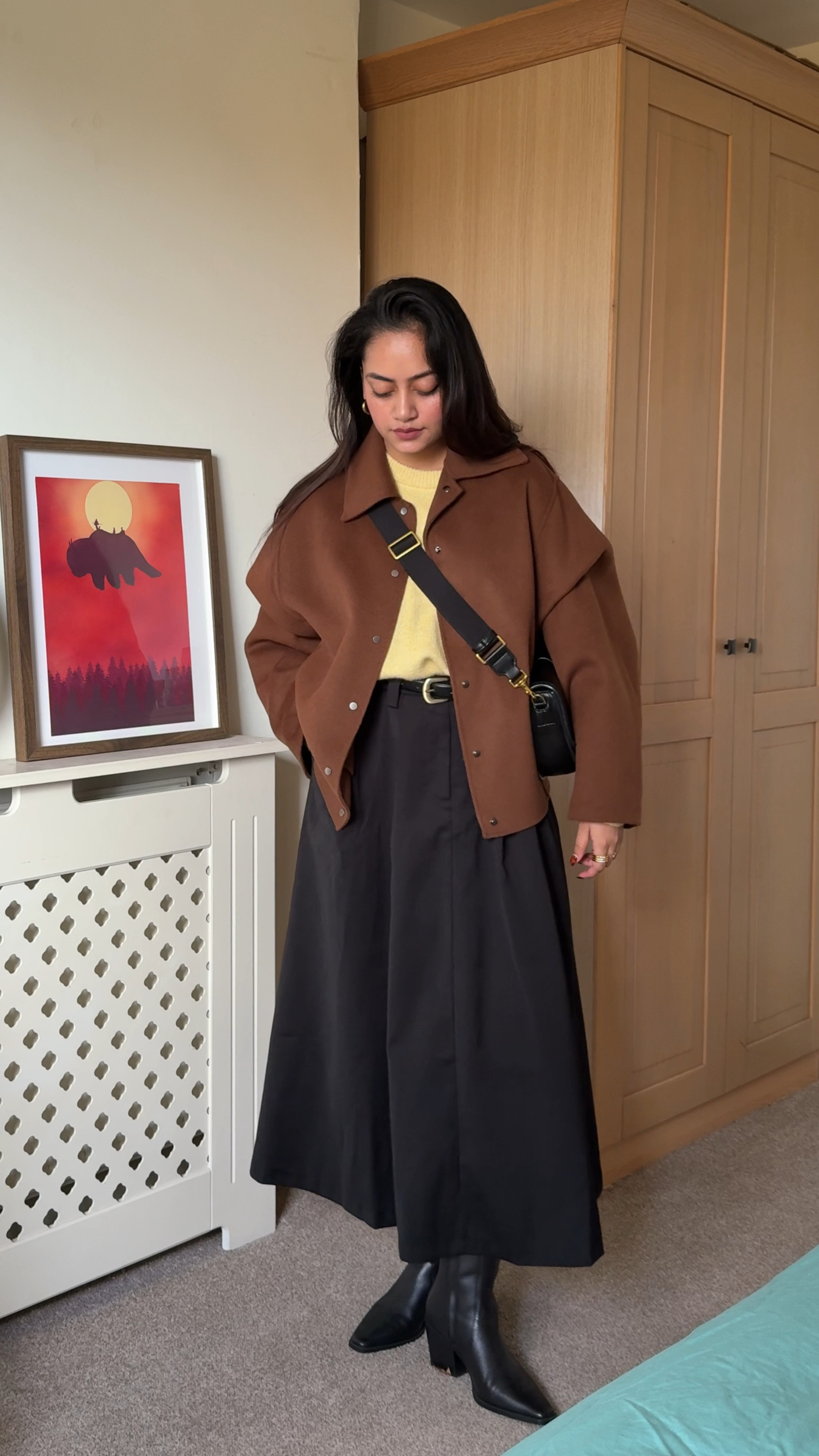 brown wool jacket, maxi black skirt, ankle boots, butter yellow jumper, workwear 

#LTKeurope #LTKCyberWeek