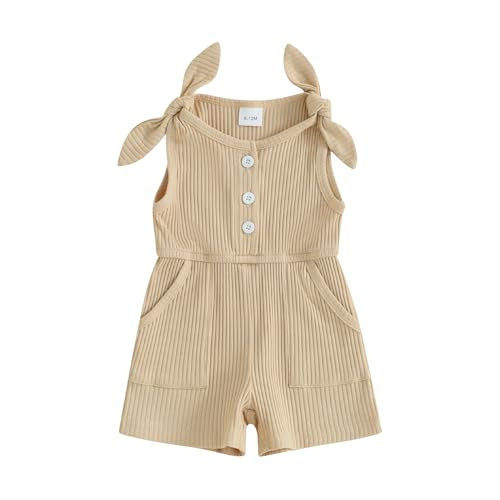 Fernvia Toddler Baby Girl Summer Clothes Sleeveless Ribbed Knitted Jumpsuit Shorts Overalls Baby One Piece Outfit (A Khaki, 18-24 Months) | Amazon (US)