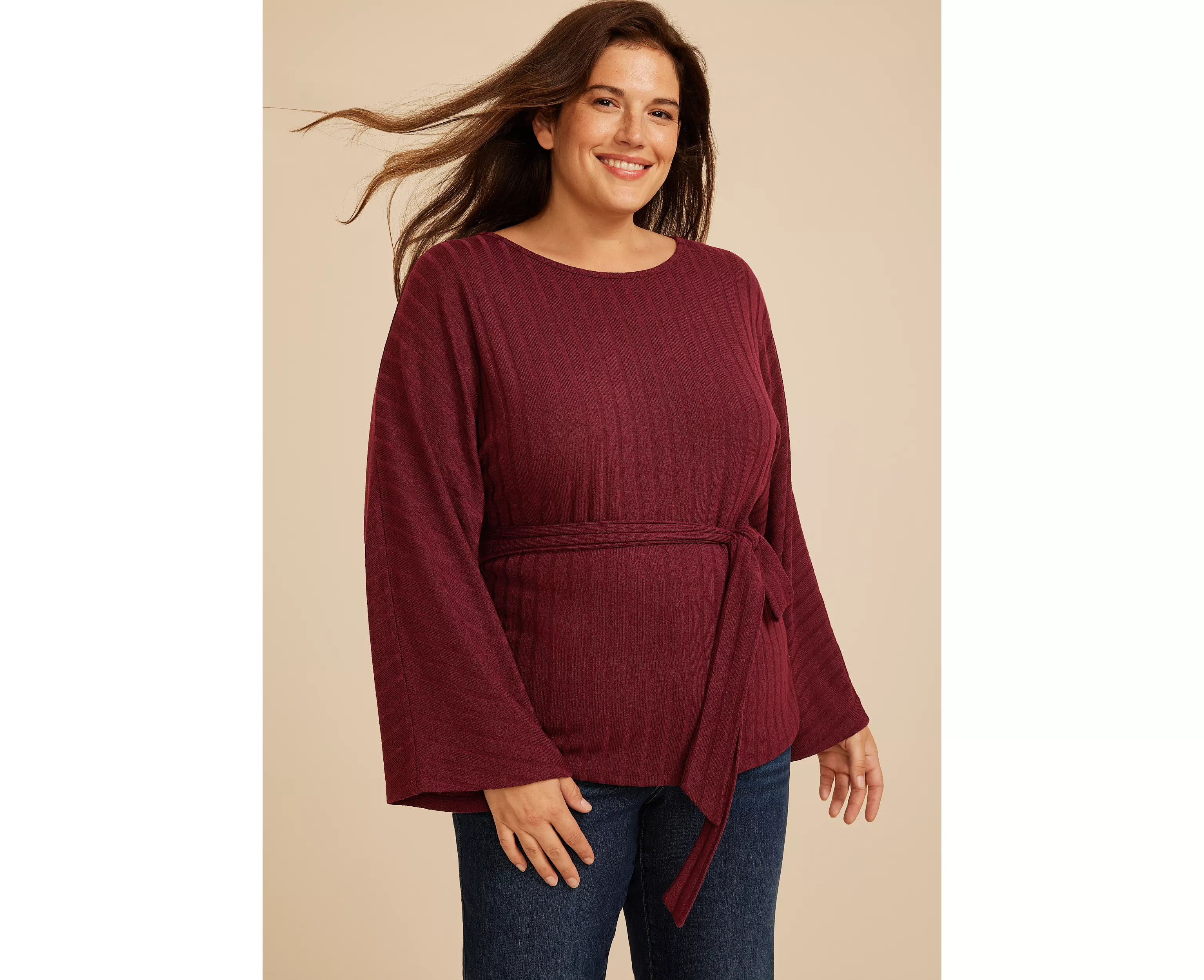 Plus Size Tie Front Rib Knit Cape Blouse | Maurices