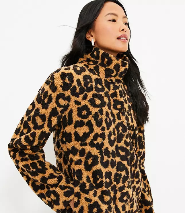 Leopard Print Sherpa Funnel Neck Coat | LOFT