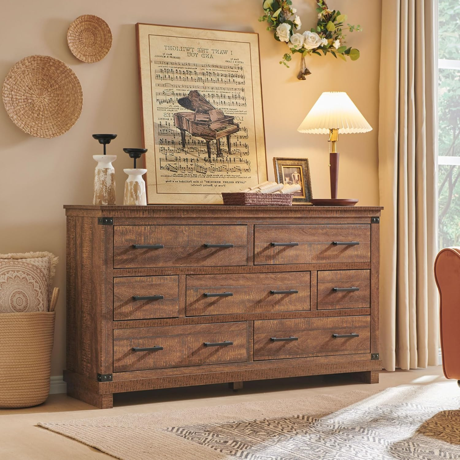 T4TREAM Farmhouse 7 Drawers Dresser for Bedroom, 54" Wide Wood Chest of Drawers w/Natural Texture... | Amazon (US)