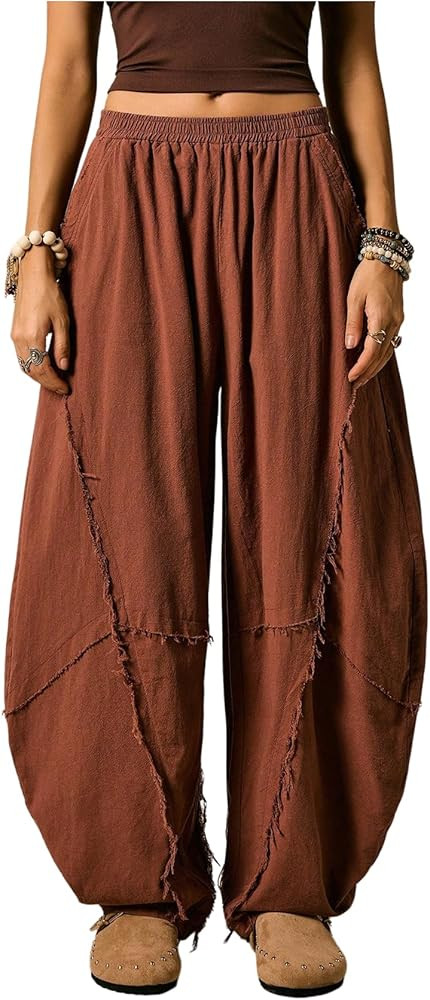 BEAUDRM Women's Linen Harem Pants Vintage Raw Trim Loose Fit Pirate Costume Trousers Hippie Renai... | Amazon (US)