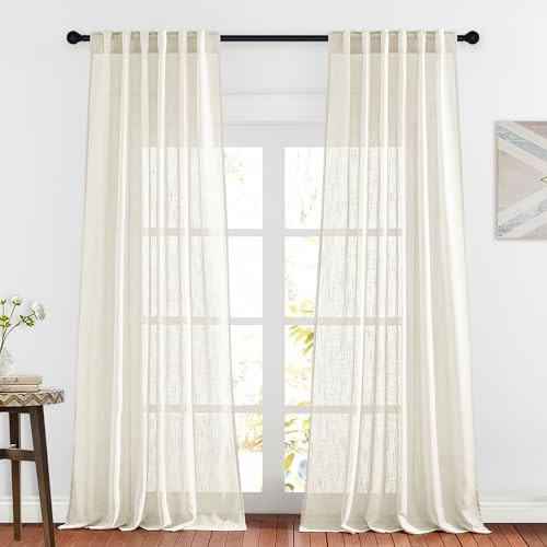 RYB HOME Beige Linen Semi Sheer Curtains 90 inches, 2 Panels Light Filtering Sheer Curtains for Living Room Dining Room, 52 x 90 inches, Warm Beige | Amazon (US)