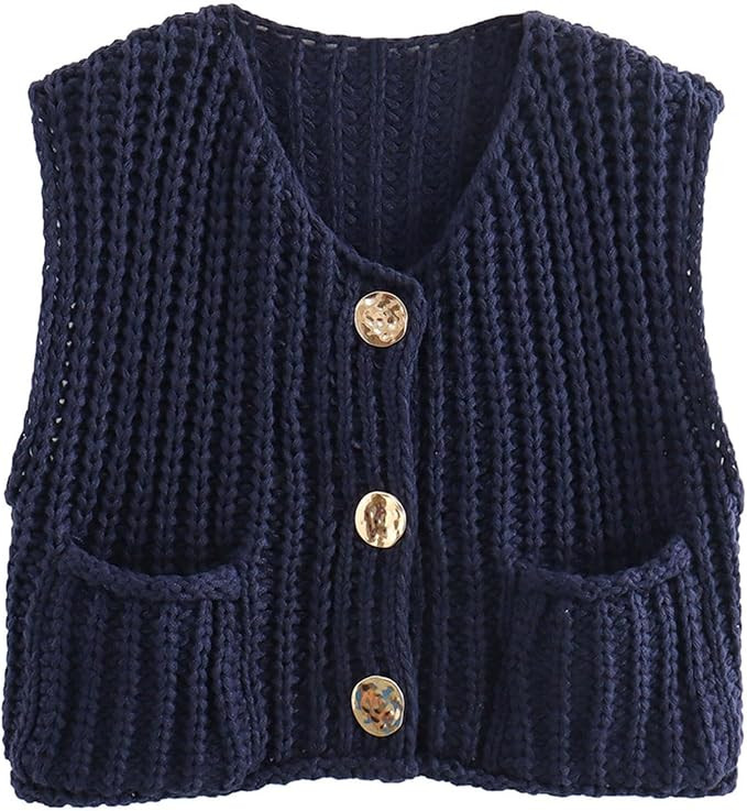 Flygo Womens Sleeveless Sweater Vest 2025 Fall Sweaters Loose Crop Knit Top Chunky Crochet Button... | Amazon (US)