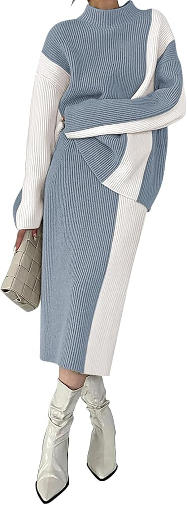 Pink Queen Women's 2 Piece Outfits 2024 Fall Winter Sweater Skirt Set Long Sleeve Oversized Top H... | Amazon (US)