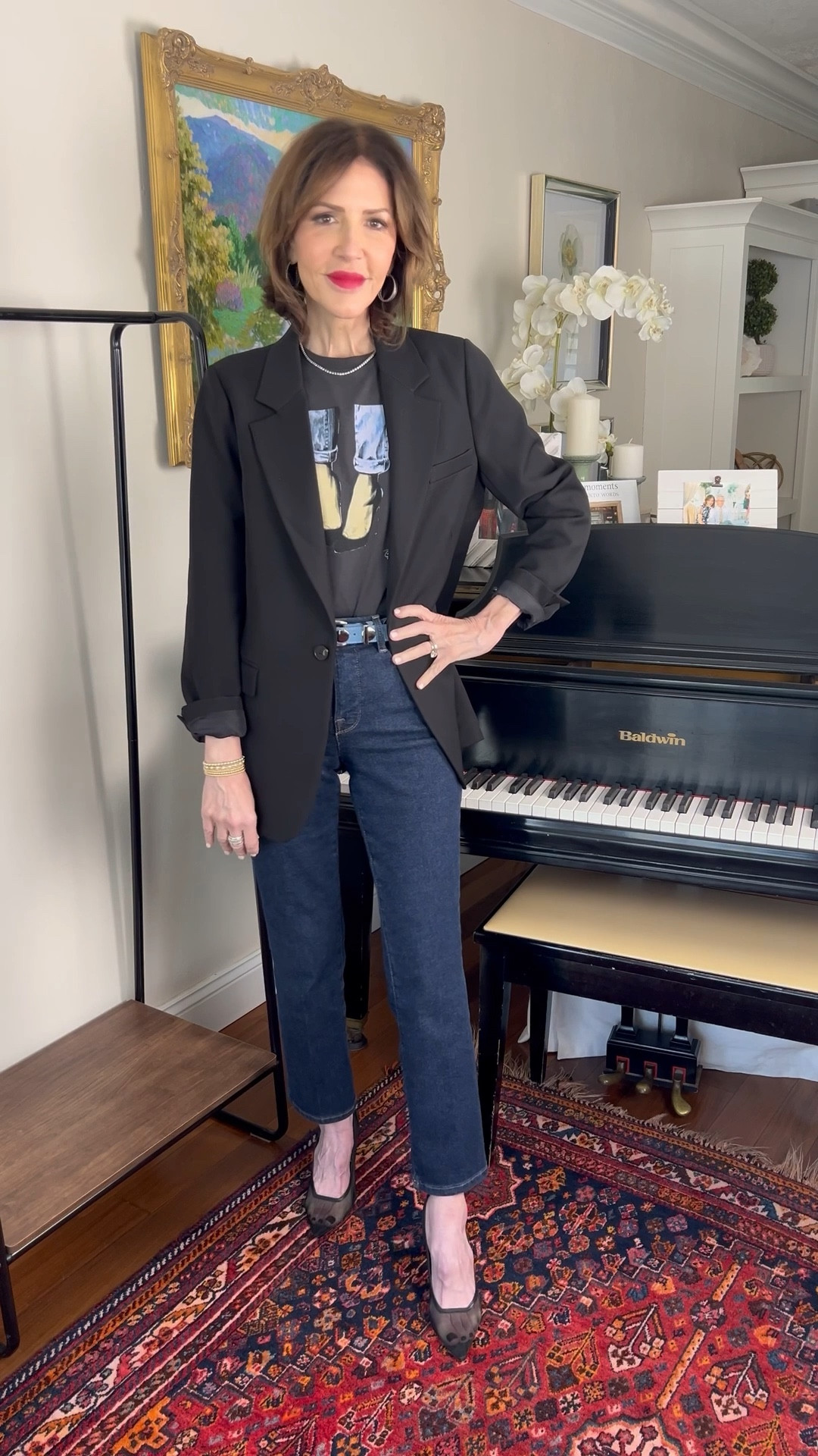 graphic tee, black blazer, straight leg denim, black mesh heels, over 50 outfits 

#LTKootd #LTKSeasonal #LTKOver40