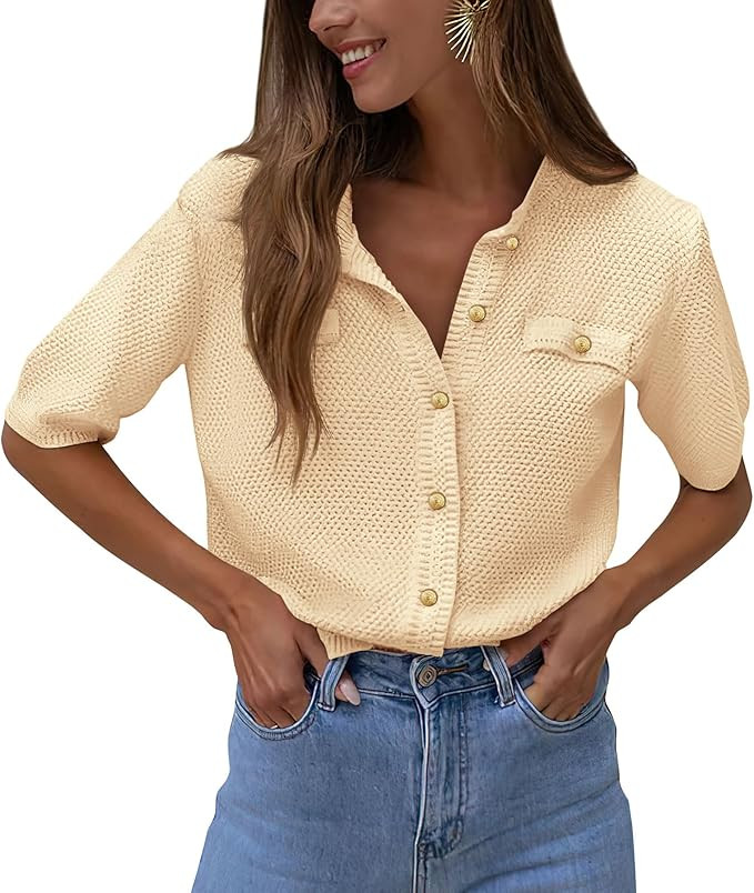 PRETTYGARDEN Women's Summer Button Down Shirts Casual Short Sleeve Crew Neck Ribbed Knit Blouse T... | Amazon (US)