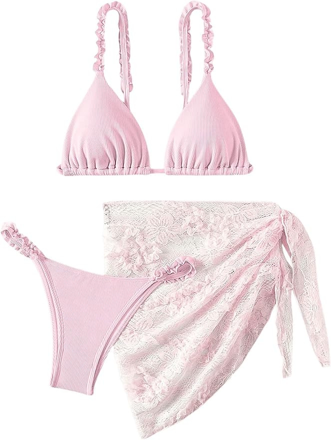 SHENHE Women's 3 Piece Swimsuits V Neck Triangle Thong Bikini Set with Lace Cover Up Wrap Skirt | Amazon (US)