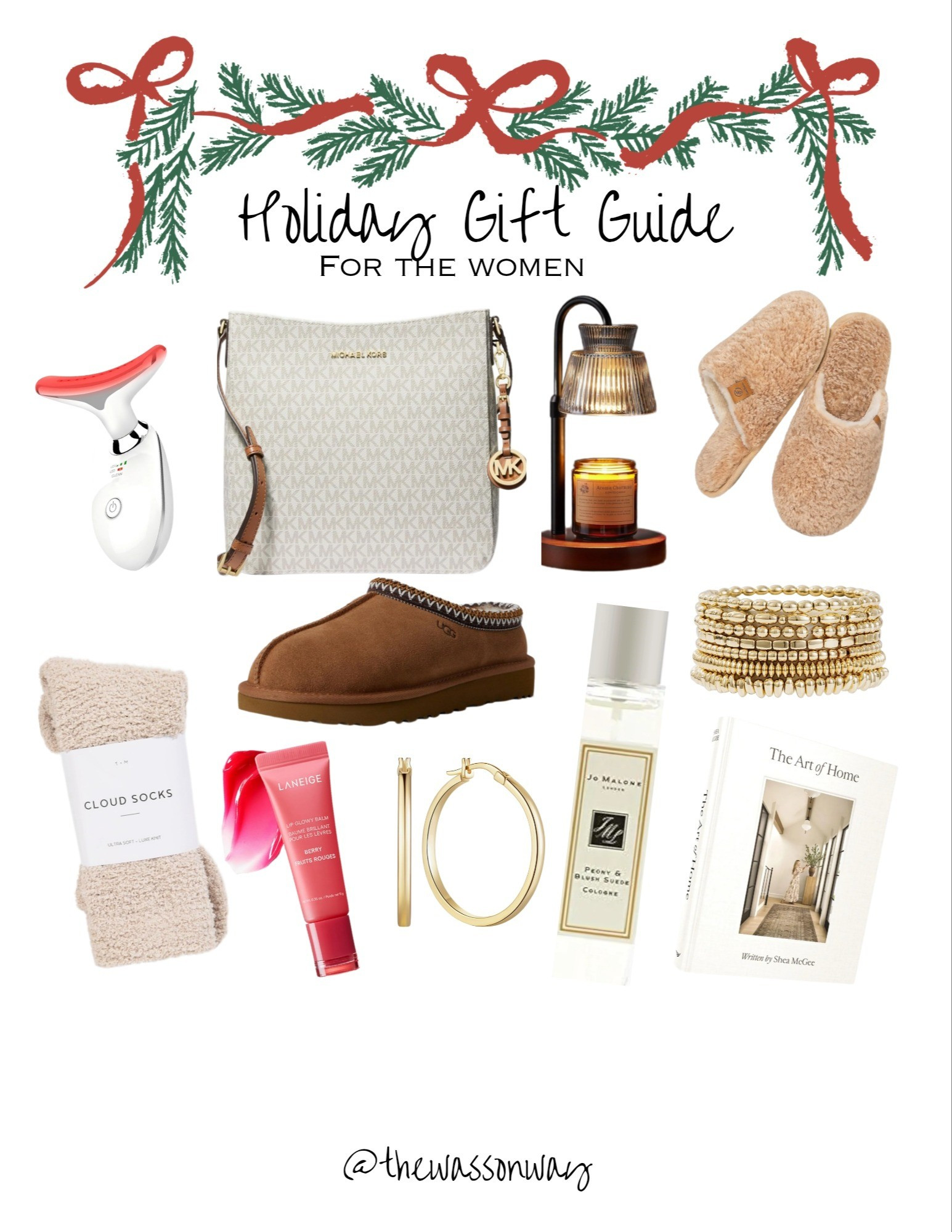 Holiday gift guide for the women! Cozy neutral fuzzy socks, candle warmer lamp, uggs, neutral purse, gold hoop earrings, lip balm, perfume, coffee table book, bracelets

#LTKGiftGuide #LTKHoliday #LTKSaleAlert