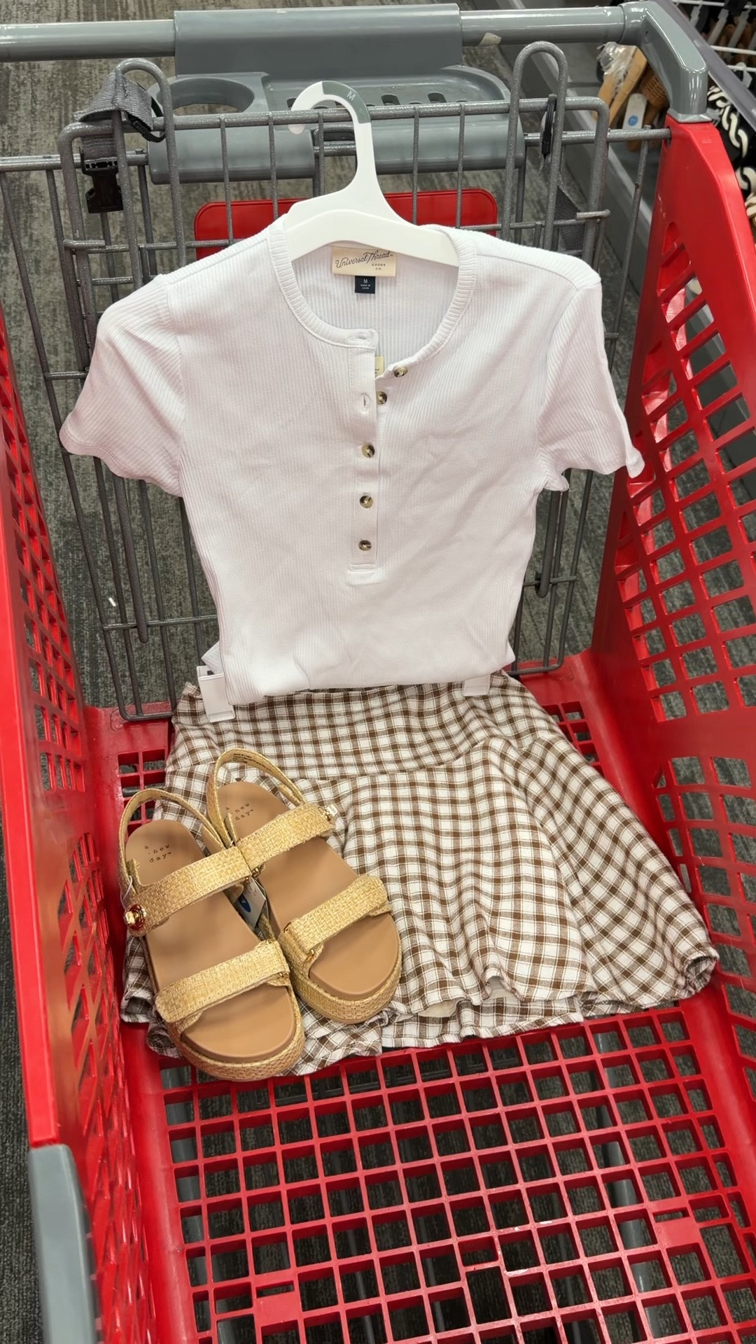 Cute little Target circle skort in this brown check, simple Henley tee and platform sandals for summer! #targetstyle