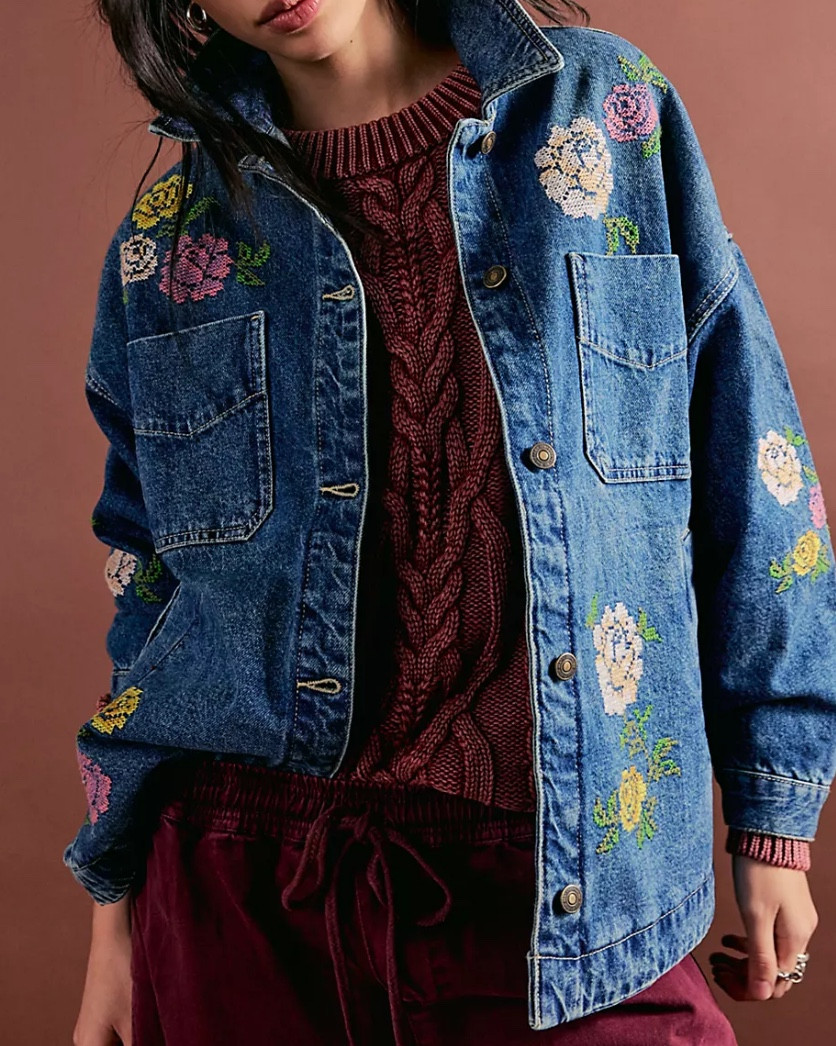 an embroidered version of my favorite denim jacket, fits oversized! Love the embroidered detail, adds such a fun whimsy to a denim jacket   