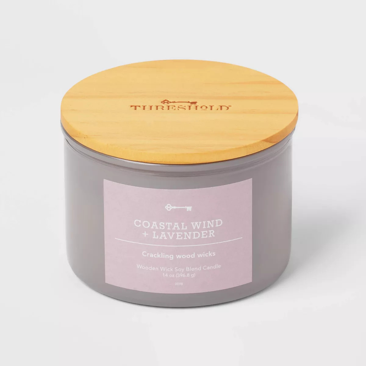 14oz Lidded Gray Glass Jar Crackling Wooden 3-Wick Candle with Paper Label Coastal Wind + Lavende... | Target