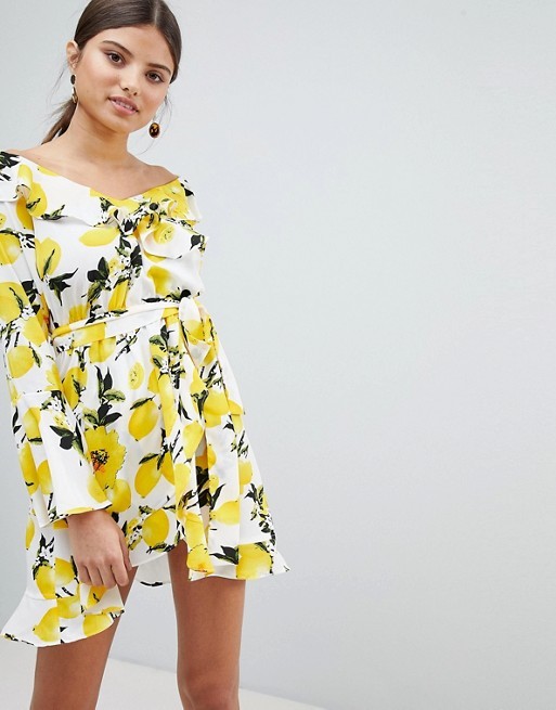 Boohoo Off Shoulder Lemon Print Dress | ASOS US