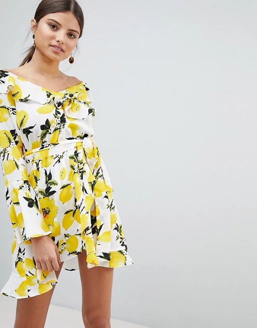 Boohoo Off Shoulder Lemon Print Dress | ASOS US