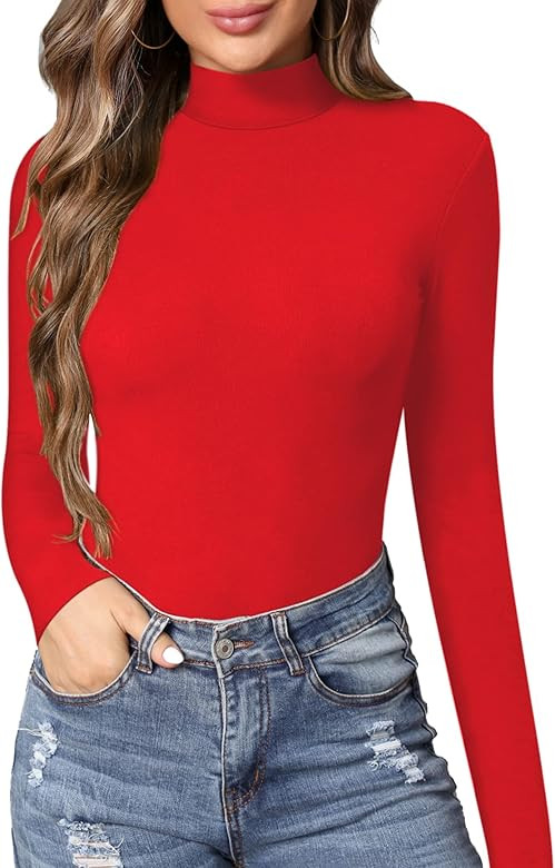 MANGOPOP Women's Mock Turtle Neck Slim Fit Long Sleeve T Shirts Tight Tops Tee | Amazon (US)