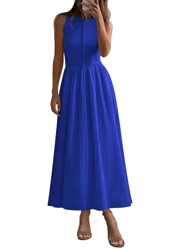 PRETTYGARDEN Maxi Dresses for Women 2026 Summer Casual Sleeveless Patchwork Flowy Vacation Sundress Knit Long Work Tank Dress(Blue,Large) | Amazon (US)
