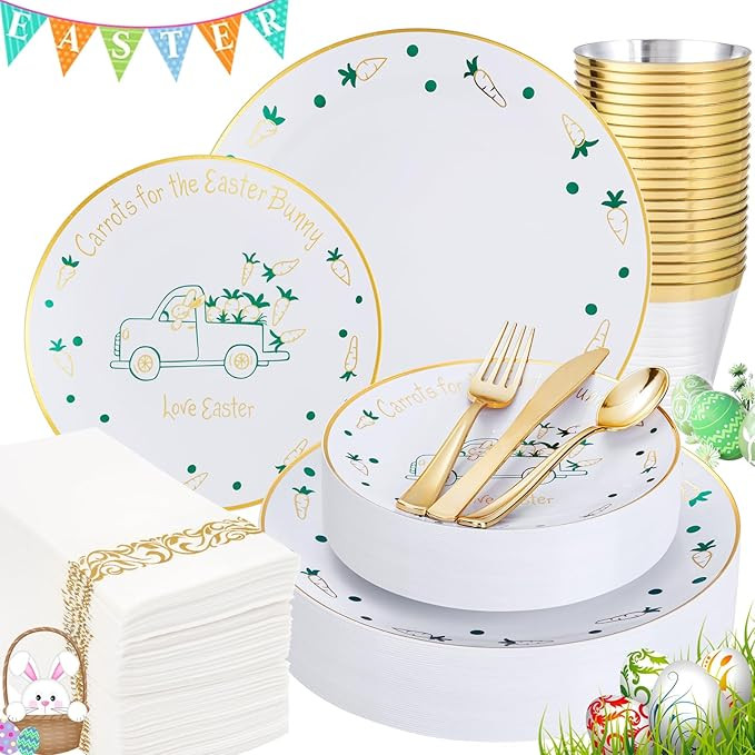 Nervure 175PCS Easter Plastic Plates - White and Gold Plastic Plates Truck and Rabbit Include 25 ... | Amazon (US)