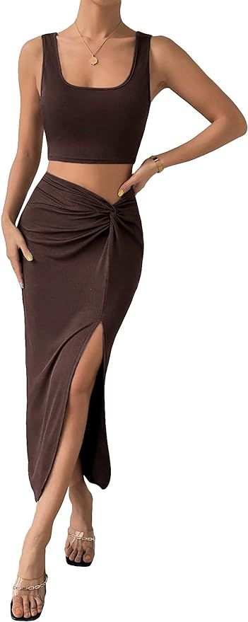Verdusa Women's 2 Piece Outfit Square Neck Crop Tank Top and Ruched Long Skirt Sets | Amazon (US)
