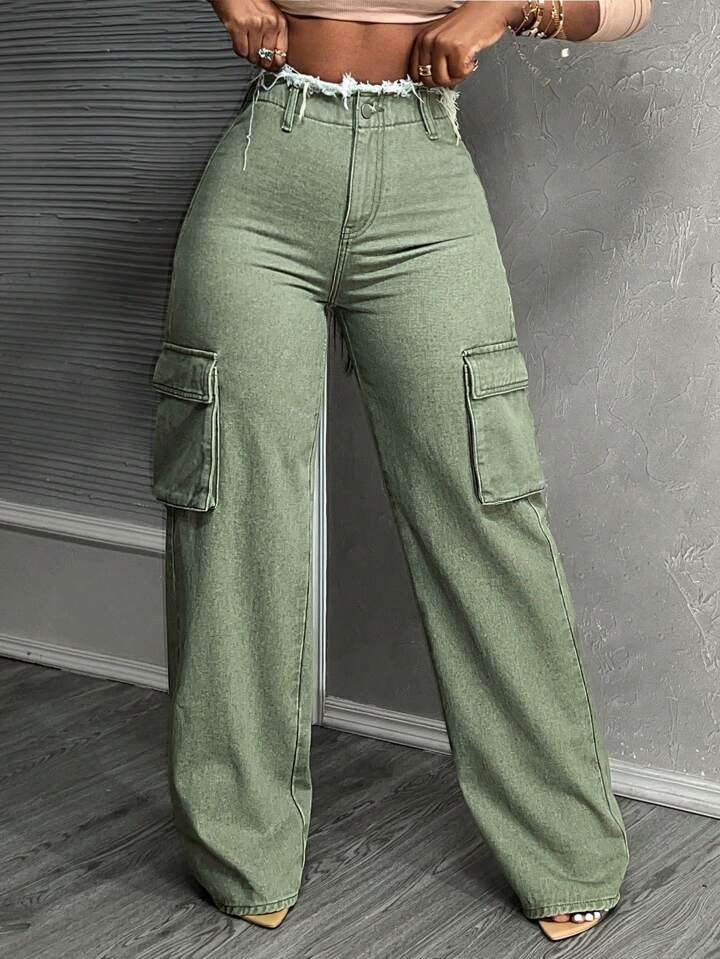 SHEIN Slayr Women's High Waisted Straight Leg Denim Jeans With Patchwork And Frayed Hem Pockets | SHEIN