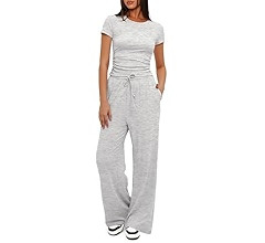 Darong Women's 2 Piece Outfits Lounge Sets Ruched Short Sleeve Tops and High Waisted Wide Leg Pan... | Amazon (US)