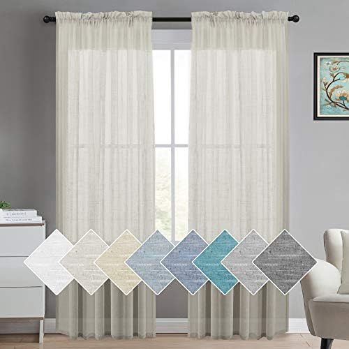 Turquoize Natural Linen Blended Window Curtain Panels Semi Sheer Curtains 84 Inches Long - Rod Po... | Amazon (US)