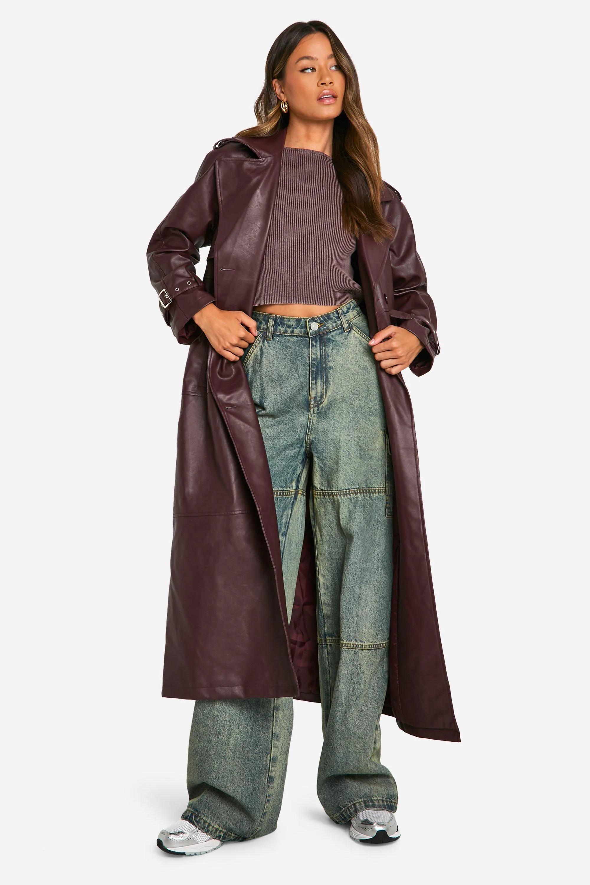 boohoo Women's Tall Double Breast Faux Leather Maxi Trench Coat in Wine | Size: 4 | boohoo (US & Canada)