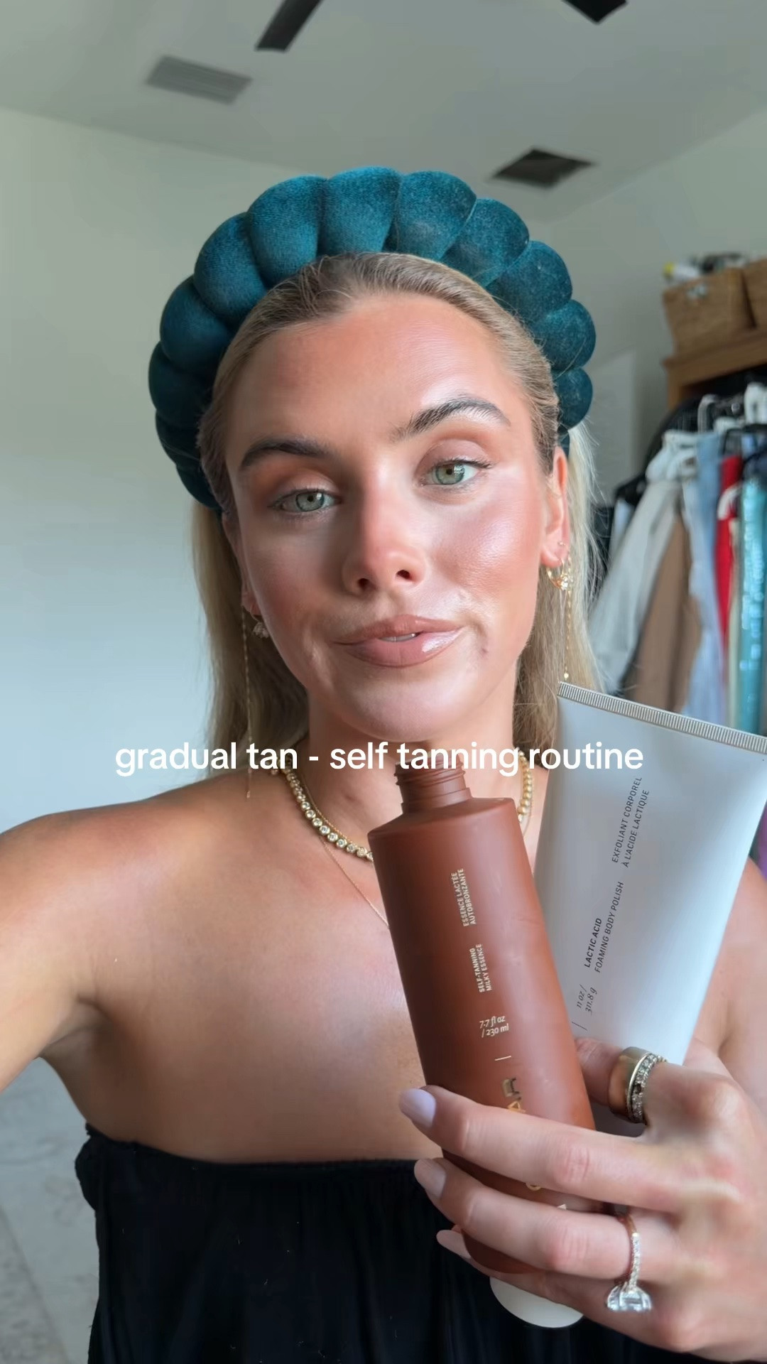 @CYKLAR  Get a flawless, natural-looking self tan in just two skincare steps: 

— Step 1: Lactic Acid Foaming Body Polish: Cleanse and exfoliate in one step. Formulated with both chemical and physical exfoliants, along with glycerin to moisturize and soften skin, this two-in-one formula foams into a dreamy lather—revealing smoother, brighter, more rejuvenated skin.

—Step 2: Self-Tanning Milky Essence: Smooth over clean, exfoliated skin to build a streak-free, bronzed tan. (Wash hands thoroughly after use.) Ceramides, allantoin, and squalane boost hydration and seal in moisture while your tan develops. 

Available in light/medium (for light to medium skin tones) and medium/dark (for medium to deep skin tones, or if you want deeper tan)

#LTKgrwm #LTKselfcare #LTKBeauty