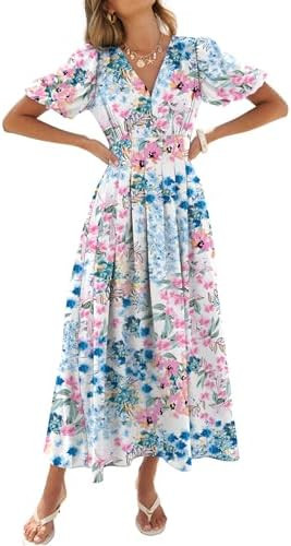 Caracilia Womens Short Puff Sleeve Maxi Dress Boho Floral A Line V Neck Spring Summer Formal Wedd... | Amazon (US)