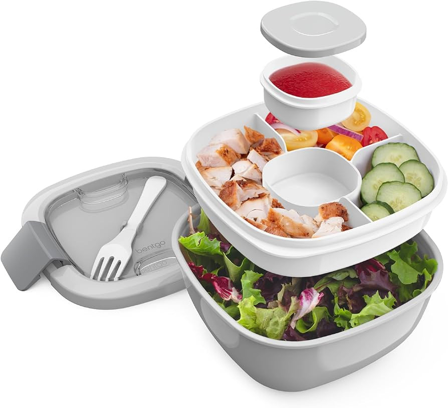 Bentgo All-in-One Salad Container - Large Salad Bowl, Bento Box Tray, Leak-Proof Sauce Container, Airtight Lid, & Fork for Healthy Adult Lunches; BPA-Free & Dishwasher/Microwave Safe (Gray) | Amazon (US)
