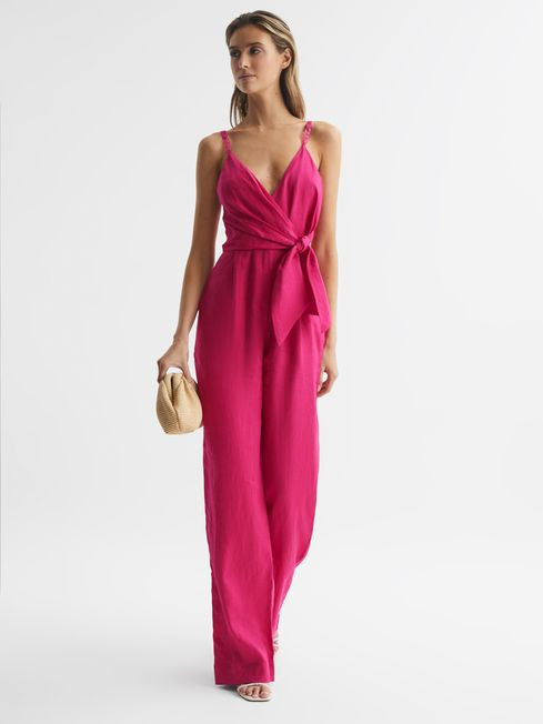 Reiss Pink Emilia Petite V-Neck Linen Jumpsuit | Reiss US