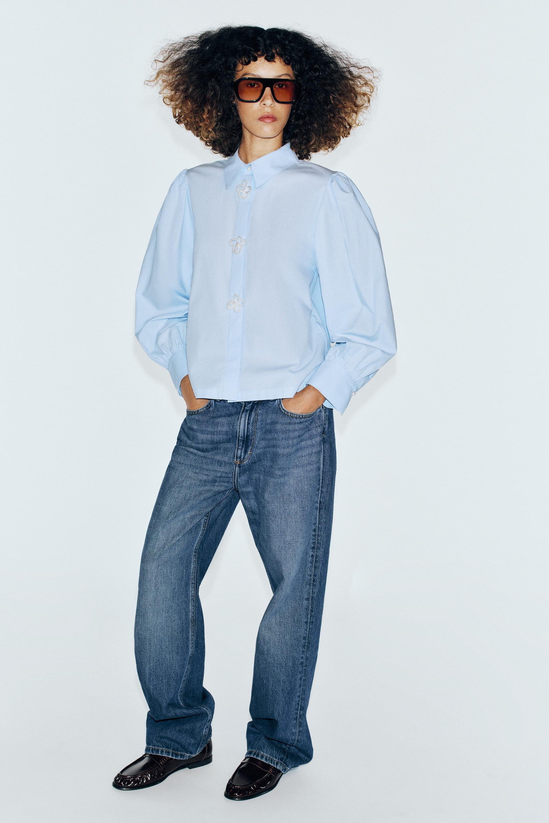 Zara - Pearl Floral Poplin Shirt - Sky Blue - S - Woman | Zara US