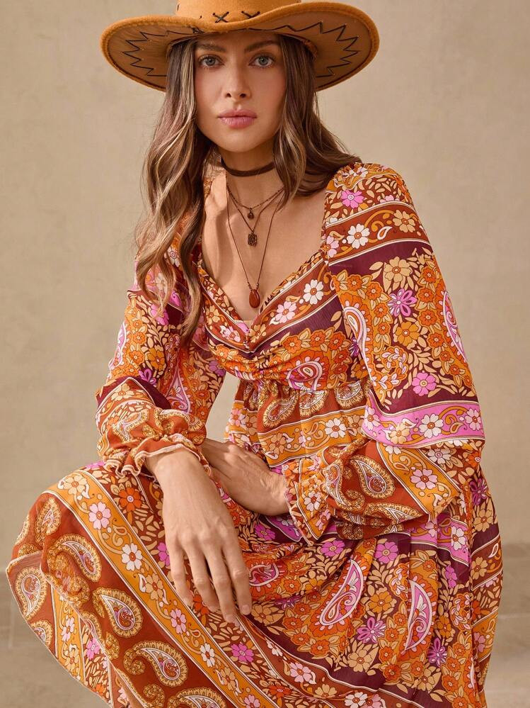 Wildy Autumn New Arrival Romantic Bohemian Printed Long Sleeve Short Dress Fall Clothes Country Concert Outfit Homecoming Vacation Dress Resort Wear Women Going Out Tops Women Western Dress Rave Outfit Vacation Two Pieces Set | SHEIN | SHEIN