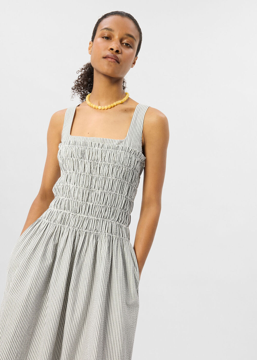 White/Multi Seersucker Ruched Bodice Dress | WHISTLES | Whistles UK | | Whistles