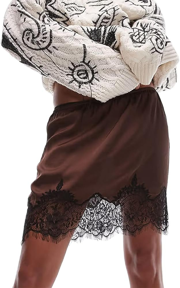 Amiblvowa Women Lace Satin Half Slips Skirts Low Rise Lace Trim Underskirts Flowy A Line Silky Sh... | Amazon (US)