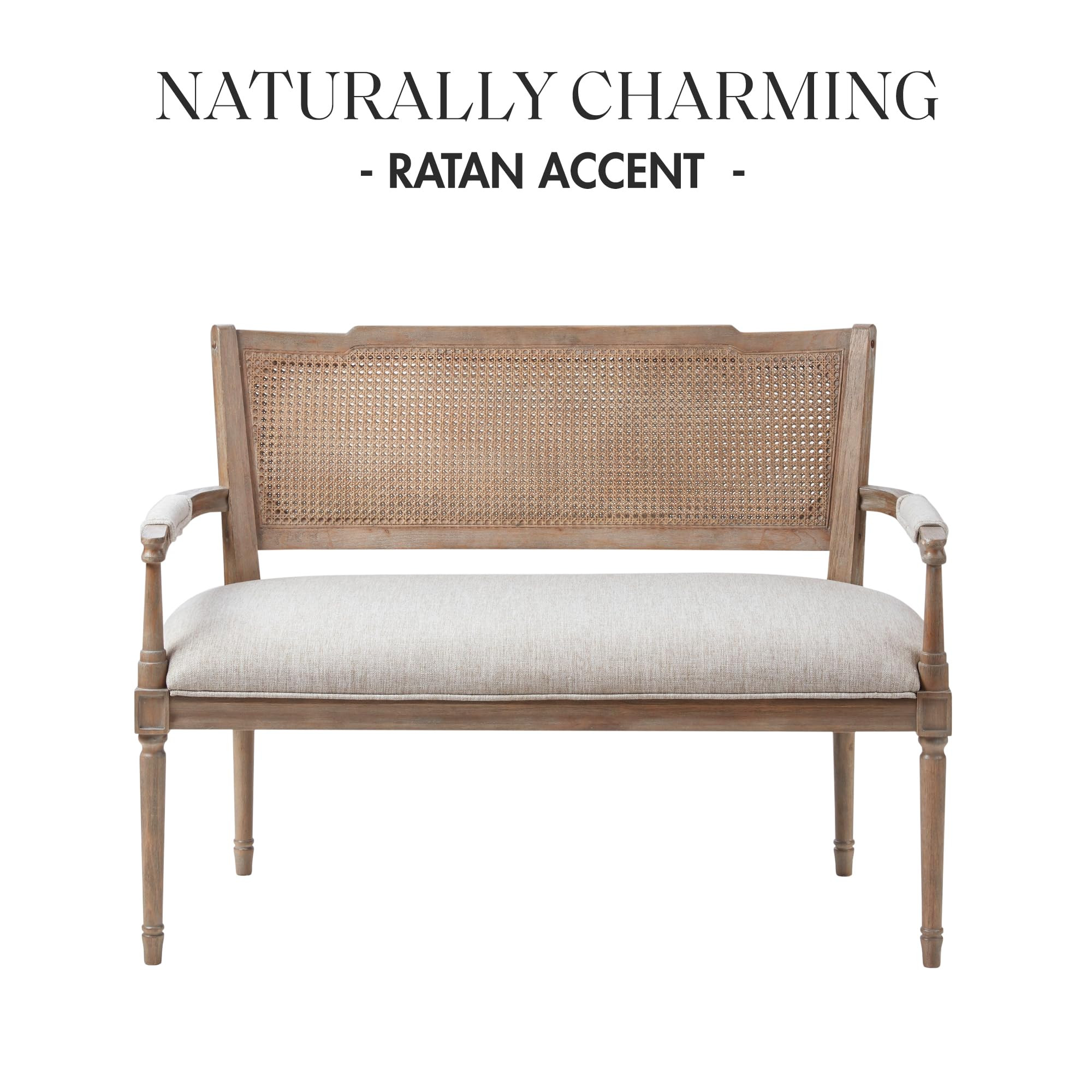 Madison Park Willshire Natural Rattan Settee, Upholstered Seat - Charming Country Design, Rustic Reclaimed Wood Finish, Ratan Insert Backrest & Padded Arm Rest, 47.25" Wide Beige/Reclaimed Natural | Amazon (US)