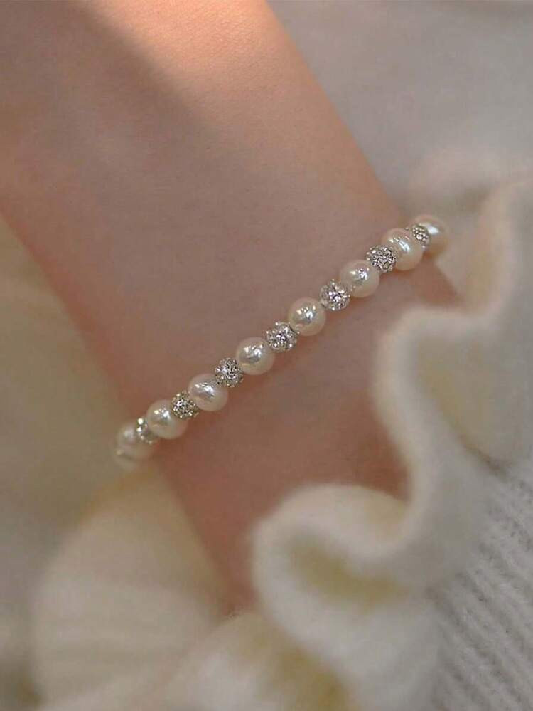 1pc Vintage Style Ball & Pearl Beaded Bracelet For Women, Elastic Adjustable Bracelet, Elegant Ba... | SHEIN