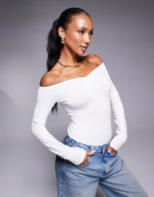 ASOS DESIGN ruched front bardot bodysuit in white | ASOS (Global)