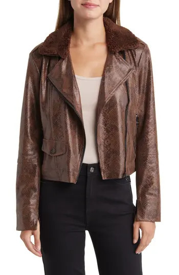 Lysse Liana Faux Shearling Collar Faux Snakeskin Moto Jacket in Cocoa Powder Snake at Nordstrom Rack, Size Medium | Nordstrom Rack