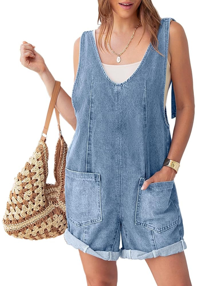Glamaker Womens Summer Denim Romper Overall Shorts Casual Sleeveless V Neck Jean Romper Denim Out... | Amazon (US)