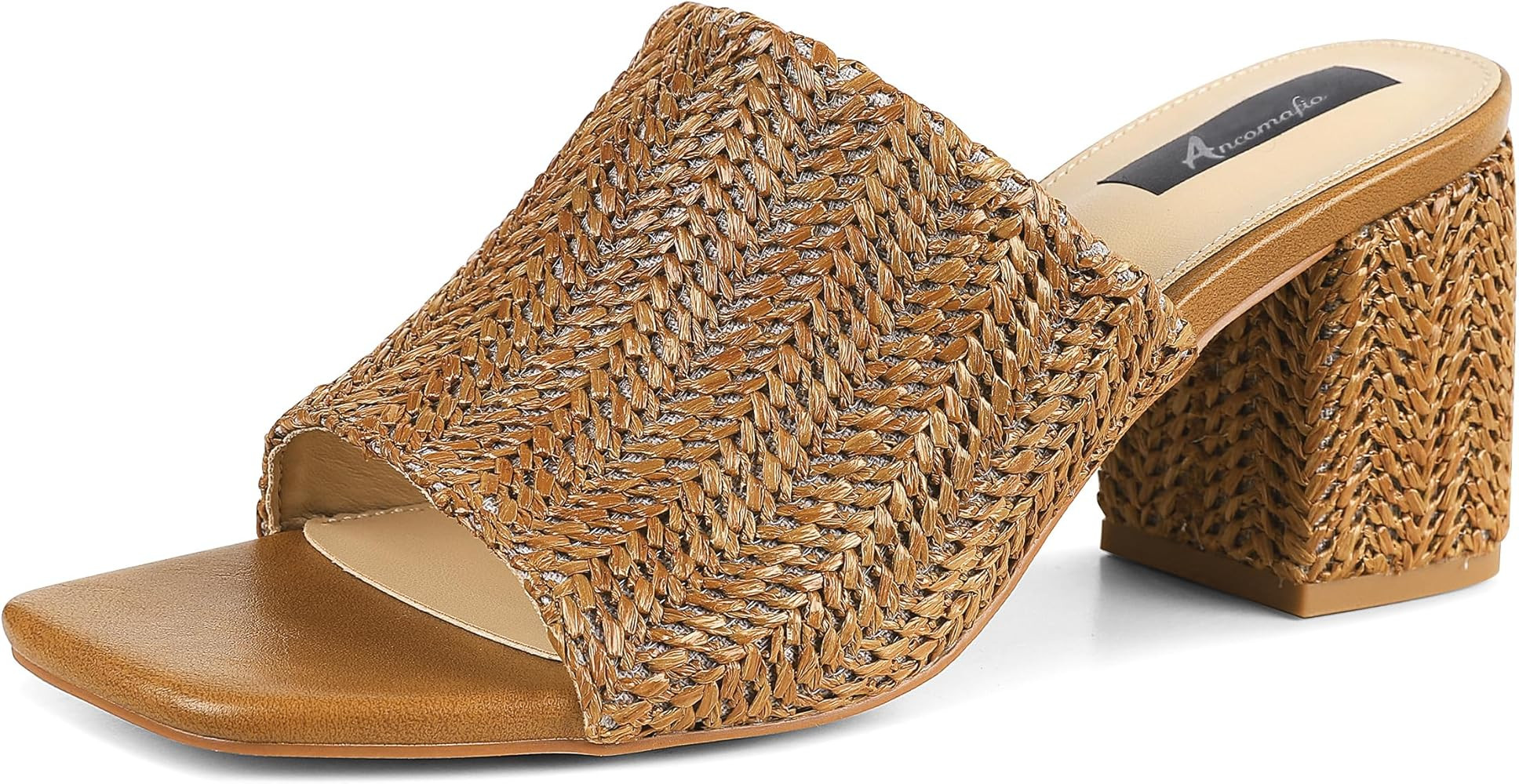 Ancomafio Heeled Sandals for Women，Raffia Sandals 2025 Chunky Heels Square Toe Mules Block Summ... | Amazon (US)