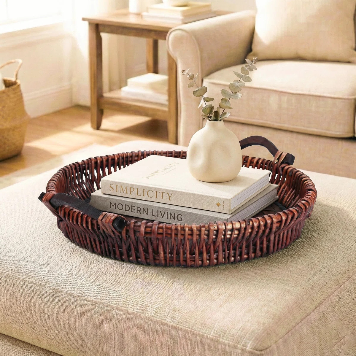 Handwoven Willow Round Ottoman Tray with Wooden Base and Handles, 20" | Wayfair North America