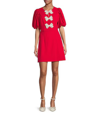 Cherry Belle Crew Neck Short Sleeve Cut Out Pearl Bow Crepe Mini Dress | Dillard's