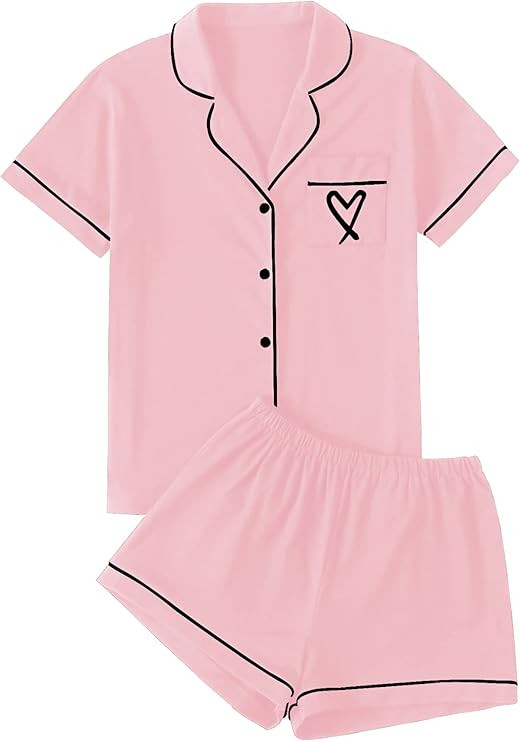 LYANER Women's Pajamas Set Heart Print Button Short Sleeve Shirt with Shorts Sleepwear PJs Set | Amazon (US)