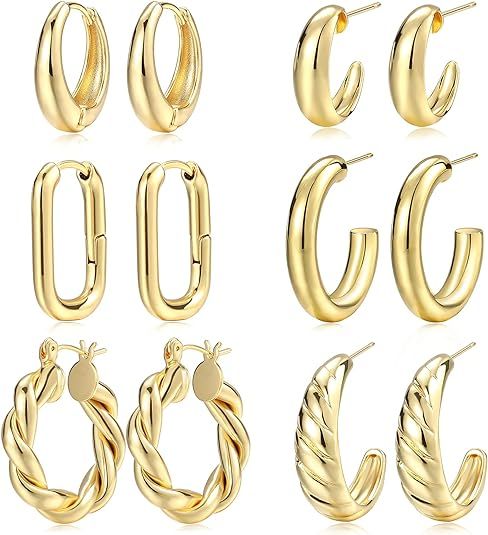 Gold Hoop Earrings Set for Women Girl, 6 Pairs 14K Gold Plated Lightweight Hypoallergenic Chunky ... | Amazon (US)