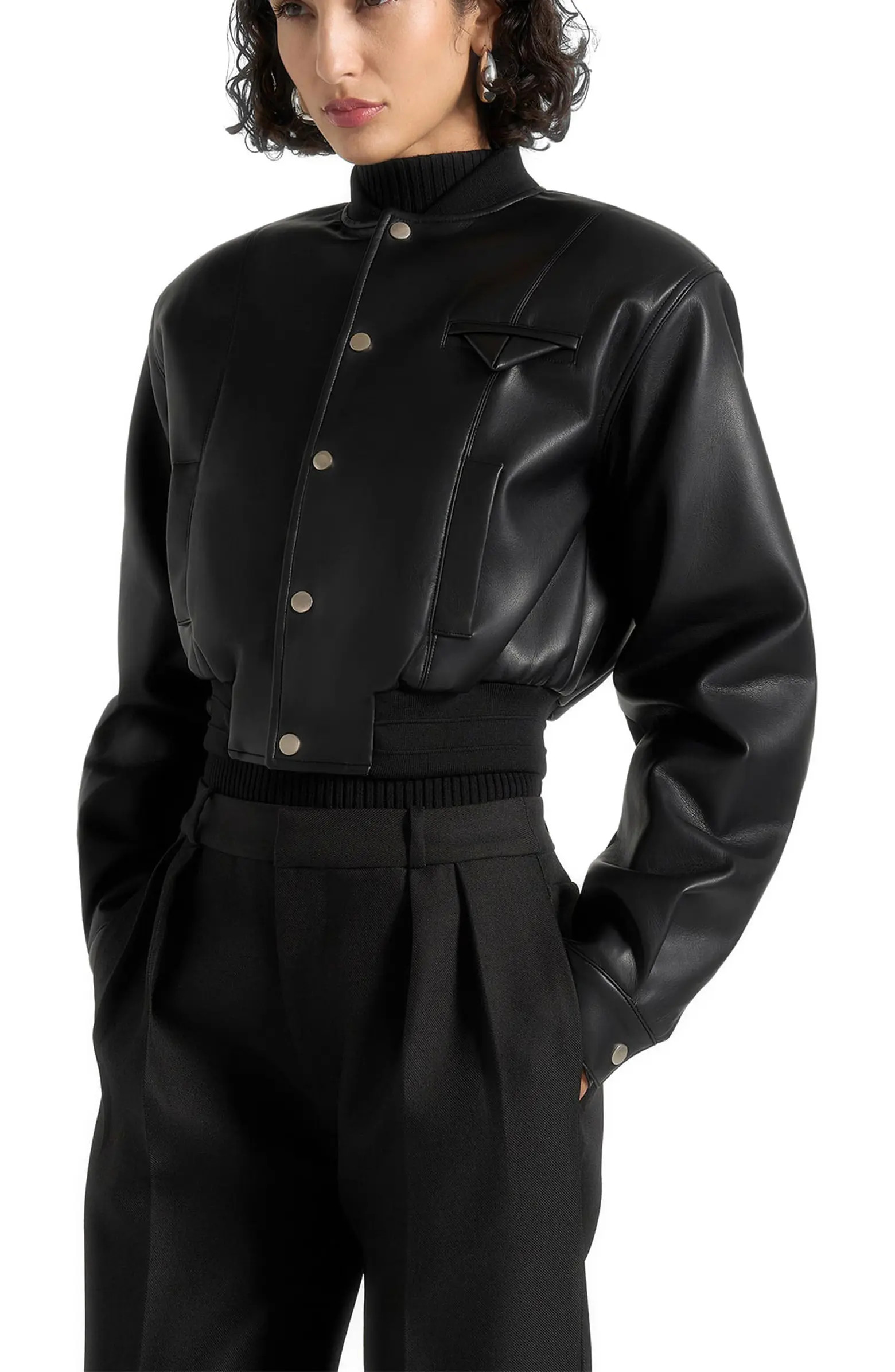 Zina Leather Wide Shoulder Bomber Jacket | Nordstrom